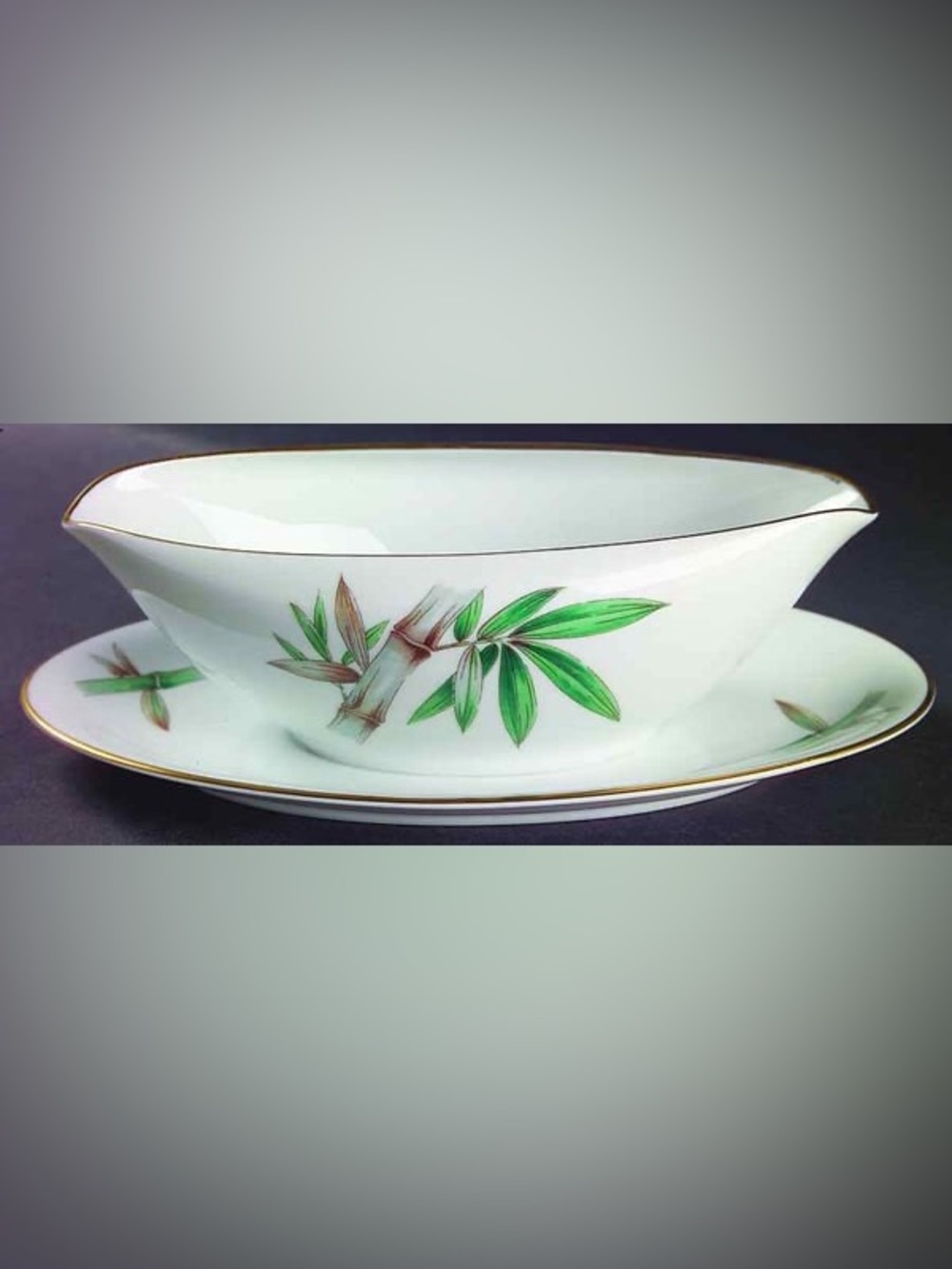 Vintage Noritake Canton Green Bamboo Gravy Boat with Attached Underplate